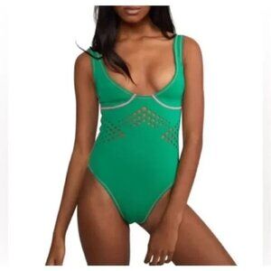 ROWLEY Cynthia Rowley Maui Perforated Racy V Neck Neoprene Swimsuit Large Women